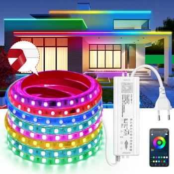 Bluetooth Smart RGBIC Светодиодная лента переменного тока 220 В, чеканка RGB ленты, водонепроницаемая гибкая лента, клей для украшения домашнего освещения