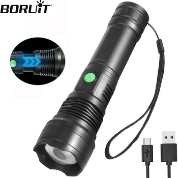 BORUiT светодиодный фонарик высокой мощности, портативный масштабируемый фонарик, USB перезаряжаемый тактический телескопический фонарь, аварийный фонарь для кемпинга, рыбалки