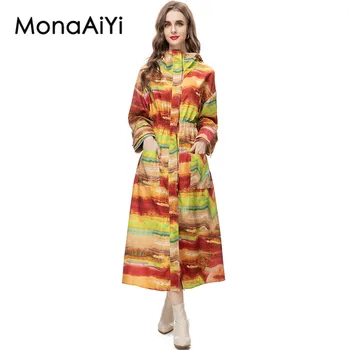 MonaAiYi/ Новое модное дизайнерское пальто, женский однобортный камуфляжный тренч с капюшоном и длинными рукавами и пряжкой