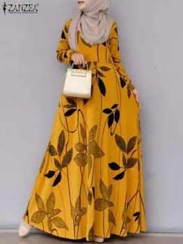 ZANZEA, Модное мусульманское платье с цветочным принтом, женские платья с круглым вырезом и длинным рукавом, Элегантный праздничный сарафан, Винтажный халат из Турции, негабаритный