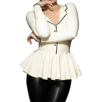 Белая и черная сексуальная латексная рубашка с пуговицами спереди, плиссированный низ, отложной воротник, резиновая блузка, верхняя одежда YF-0421 0