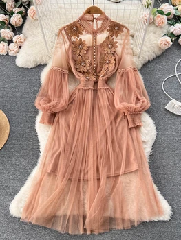 Женские вечерние сексуальные тонкие длинные платья с 3D цветами, весенняя мода 2023, Сетчатое платье в стиле пэчворк с пышными рукавами, платье-качели