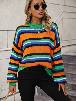 Женский осенне-зимний вязаный свитер 2023 года с новой строчкой, Свободный женский свитер в полоску с круглым вырезом и многоцветный