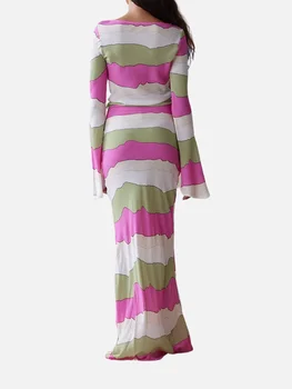 Женское длинное облегающее платье в полоску с круглым вырезом и длинным рукавом, весенне-осеннее модное вечернее платье 0