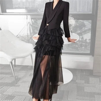 Женское черное белое платье-рубашка с неровным подолом, Новое модное платье свободного кроя с лацканами и длинными рукавами