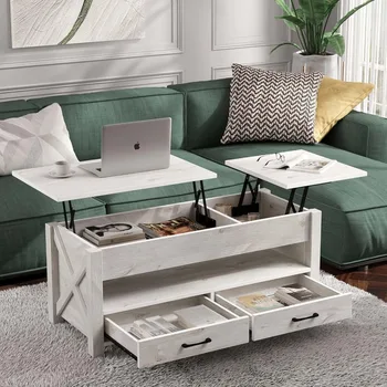 Журнальный столик с 2 ящиками для хранения и потайным отделением, винтажный центральный столик с деревянной приподнятой столешницей, серый 0