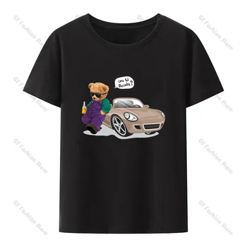 Забавный Мультяшный Медведь, Опирающийся на машину, Готовы Графические футболки Kawaii Clothes Y2k op ops Goth Oversize Shirt