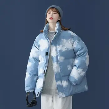 Зимнее женское теплое пальто свободного покроя с модным принтом и воротником-стойкой 0