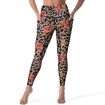 Леопардовые леггинсы с цветочным рисунком и карманами, штаны для йоги с рисунком гепарда, леггинсы для йоги с высокой талией, эластичные спортивные брюки для фитнеса