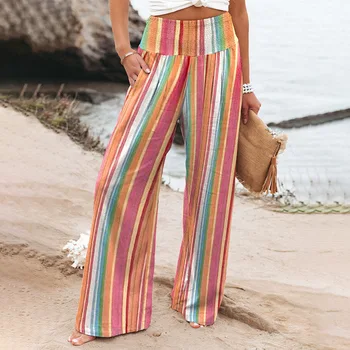 Летние Новые Тонкие, контрастные по цвету, широкие брюки для женщин, модные универсальные женские брюки свободного кроя в полоску