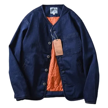 Мужская стеганая хлопчатобумажная джинсовая куртка Lingge Осень-зима, Винтажное темно-синее джинсовое пальто, Верхняя джинсовая одежда на хлопчатобумажной подкладке 0