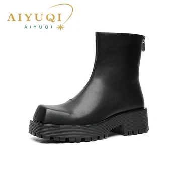 Мужские ботинки AIYUQI на толстой подошве, новинка зимы 2023 года, мужские ботинки для верховой езды с квадратным носком, Британские ветровые нескользящие дымчатые ботинки, мужские