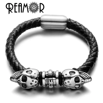 Мужские браслеты REAMOR с бусинами в виде черепа из нержавеющей стали, браслет-скелет из натуральной плетеной кожи с магнитными застежками 0