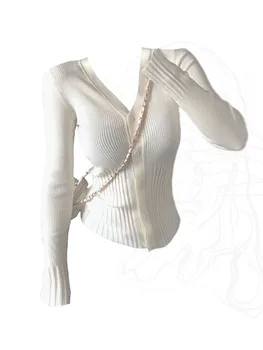 Осенне-зимние Женские простые кардиганы, Однобортный уютный свитер с V-образным вырезом, белый вязаный джемпер Mori Girl 2000-х, эстетическая мода