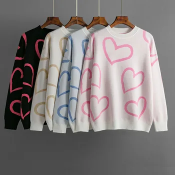 Осенне-зимний Новый модный свитер Love Contrast с круглым вырезом, свободный пуловер, свитер для женщин, корейский модный топ Y2k