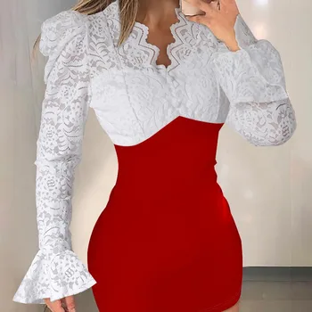 Осенне-зимняя женская новинка 2023 года, модное кружевное платье с расклешенными рукавами, обтягивающее платье с темпераментом, Короткое платье 0