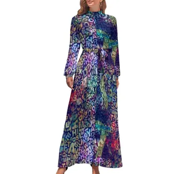 Платье с абстрактным буквенным принтом, беспорядочная словесная путаница, модные пляжные платья в стиле бохо, женское современное длинное платье Макси с длинным рукавом и высоким воротом
