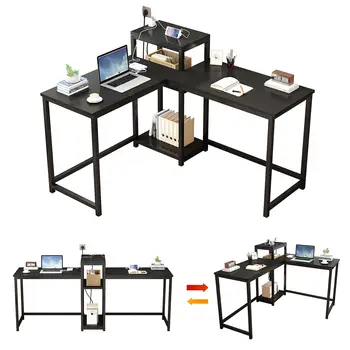 Реверсивный Компьютерный стол с Розетками и Картотекой, Г-образный Письменный стол с Полками Для Хранения, Игровой Стол Угловой Письменный Стол