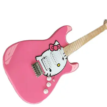 Розовая электрогитара с изображением белого кота на корпусе H-k you know Бесплатная доставка
