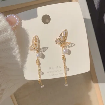 Роскошные модные Хрустальные висячие Корейские серьги с кисточками для женщин, золотая серьга с бабочкой из циркона для девочек, ювелирный подарок для вечеринки 0