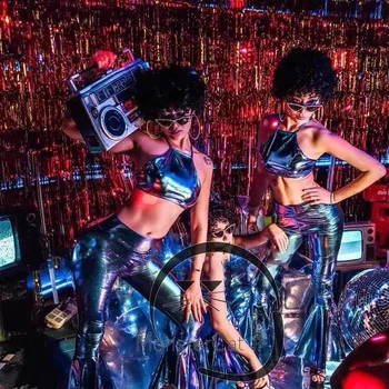 Сексуальная одежда для танцев на шесте Блестящий Лазерный Жилет Брюки Женские Танцевальные костюмы для вечеринок Gogo Одежда Dj Ds Сценический наряд для ночного клуба XS6998