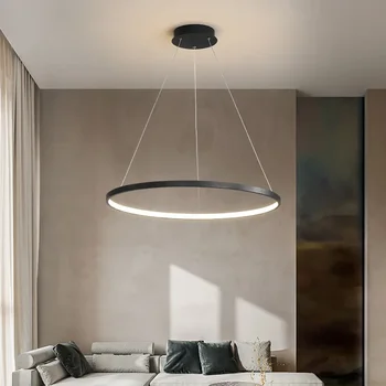 Современный минималистичный кольцевой светодиодный подвесной светильник для гостиной, столовой, кухни, Черная люстра, домашний декор, подвесной светильник в помещении