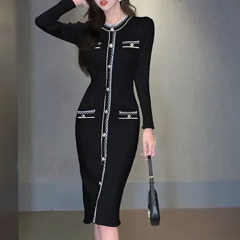 Темперамент Повседневная Корейская модная женская одежда с пуговицами в стиле пэчворк, тонкие осенне-зимние тонкие платья с длинными рукавами, винтажные сладкие 0