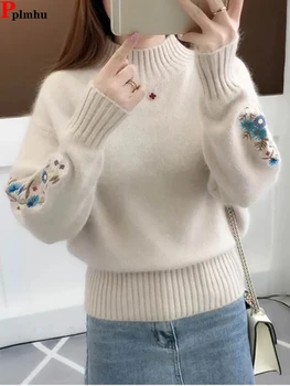 Тонкие Пуловеры с полувысоким воротником Повседневный Корейский свитер Топы с мягкой вышивкой Трикотаж Новая Женская Весенняя мода Malhas Sueter 0