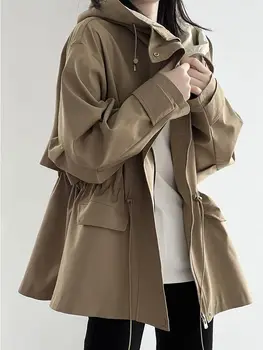 Тренч цвета хаки с капюшоном, осенне-зимнее женское новое короткое пальто, повседневный свободный топ в стиле ретро