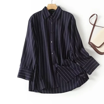 Увядшие французские офисные дамы, элегантная винтажная льняная рубашка в полоску в стиле бойфренда, темно-синяя Модная свободная рубашка, топы Для женщин
