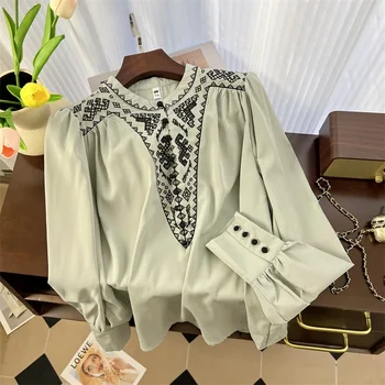 Шифоновая женская рубашка, свободные винтажные блузки с вышивкой, одежда с круглым вырезом, весенне-летние модные топы в китайском стиле, YCMYUNYAN