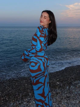 Осеннее расклешенное синее и коричневое трикотажное платье Макси с длинным рукавом для женщин, Элегантное Сексуальное облегающее вечернее платье, наряд для вечеринки в стиле Бохо-шик 2