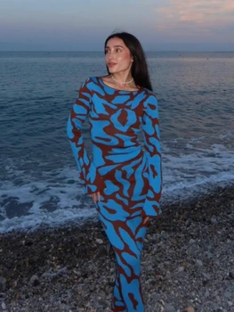 Осеннее расклешенное синее и коричневое трикотажное платье Макси с длинным рукавом для женщин, Элегантное Сексуальное облегающее вечернее платье, наряд для вечеринки в стиле Бохо-шик 3